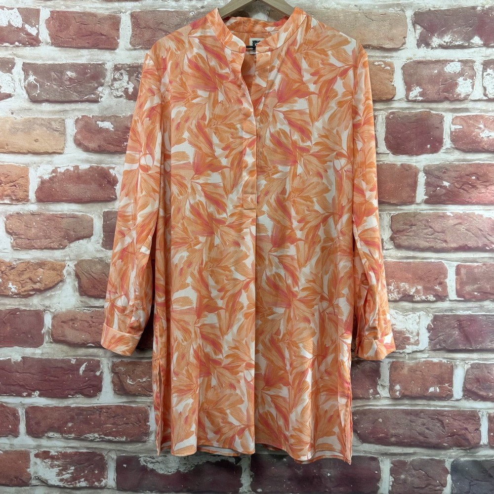 Anne Klein Shirt Dress Women's XL Orange Multicolor Floral Abstract Popover